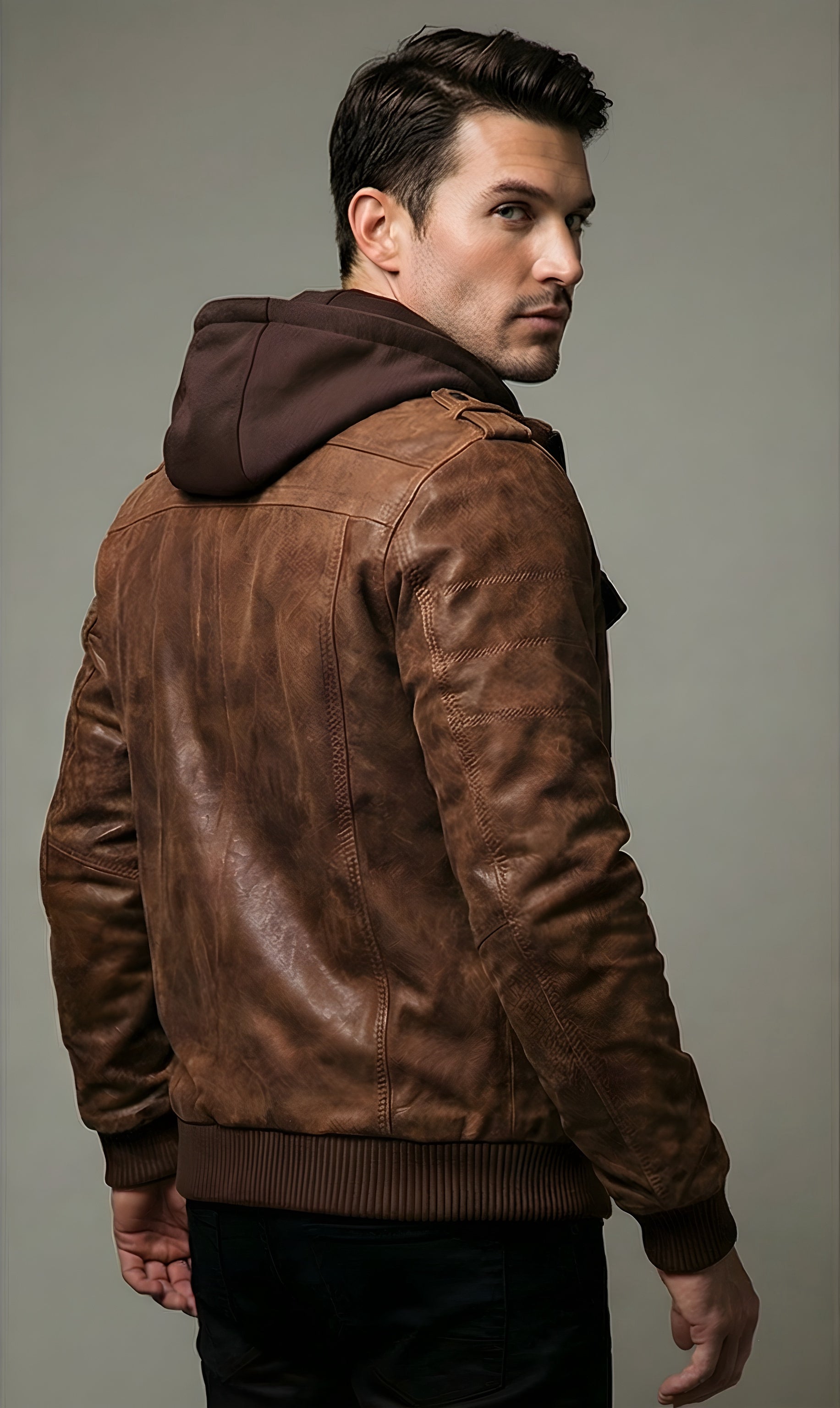 Mens Brown Urban Hooded Leather Bomber Jacket