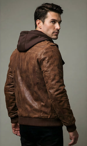 Mens Brown Urban Hooded Leather Bomber Jacket