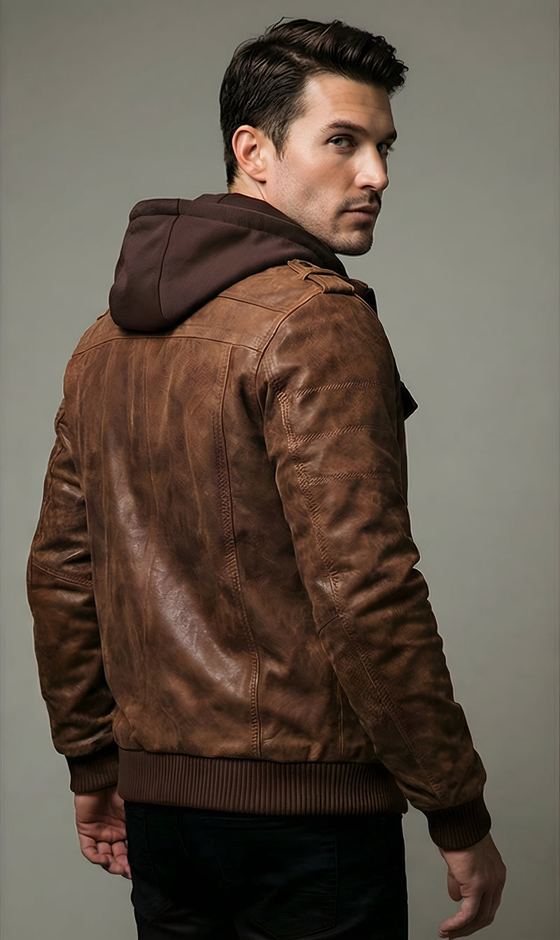Mens Brown Urban Hooded Leather Bomber Jacket