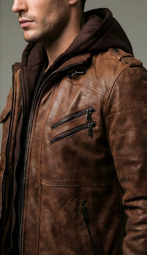 Mens Brown Urban Hooded Leather Bomber Jacket