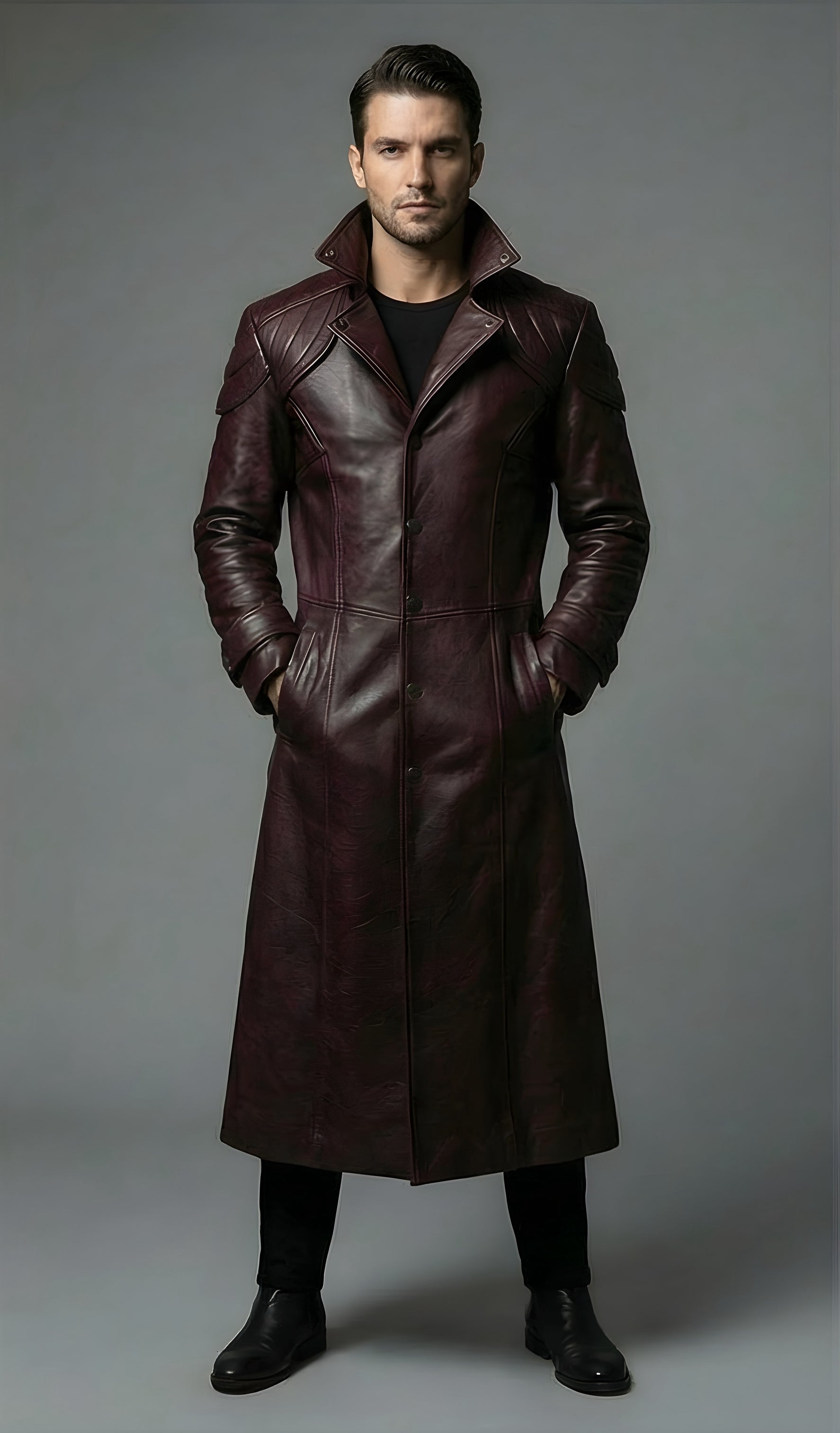 Mens Burgundy Prestige Full Length Genuine Leather Trench Coat