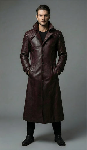 Mens Burgundy Prestige Full Length Genuine Leather Trench Coat