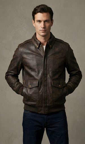 Mens Classic Distressed Brown Leather Bomber Jacket