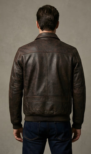 Mens Classic Distressed Brown Leather Bomber Jacket