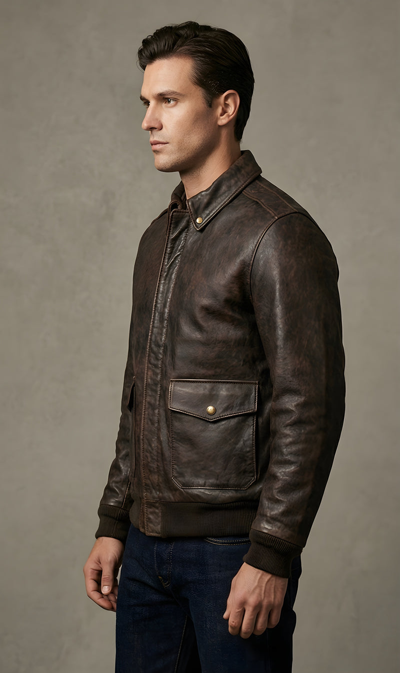 Mens Classic Distressed Brown Leather Bomber Jacket