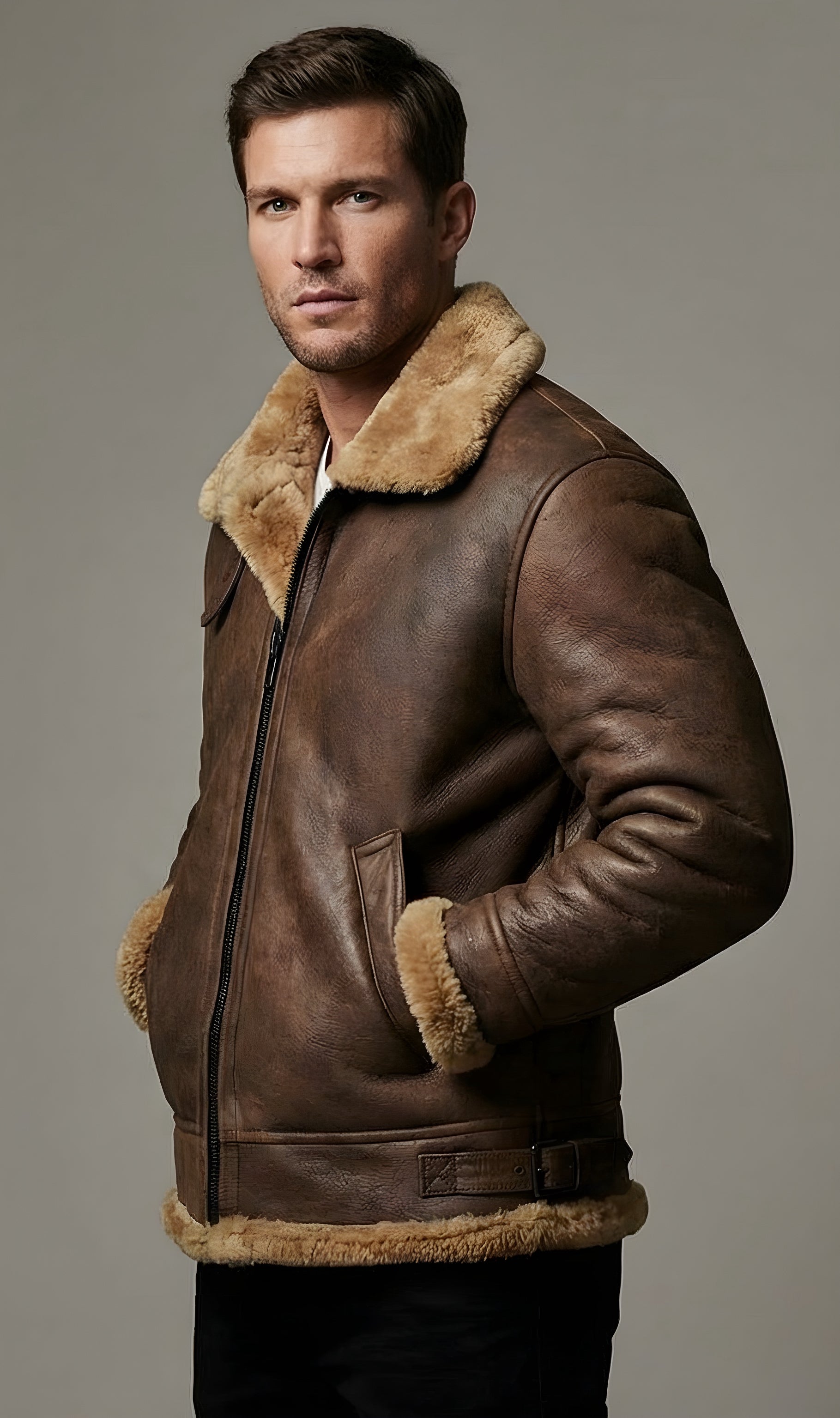 Mens Classic Sheepskin Heritage Shearling Leather Bomber Jacket