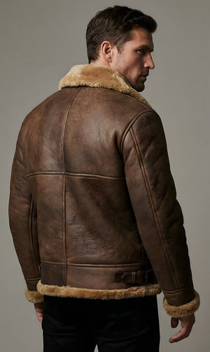 Mens Classic Sheepskin Heritage Shearling Leather Bomber Jacket