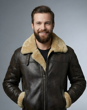 Mens Dark Brown Heritage Shearling Aviator Leather Jacket