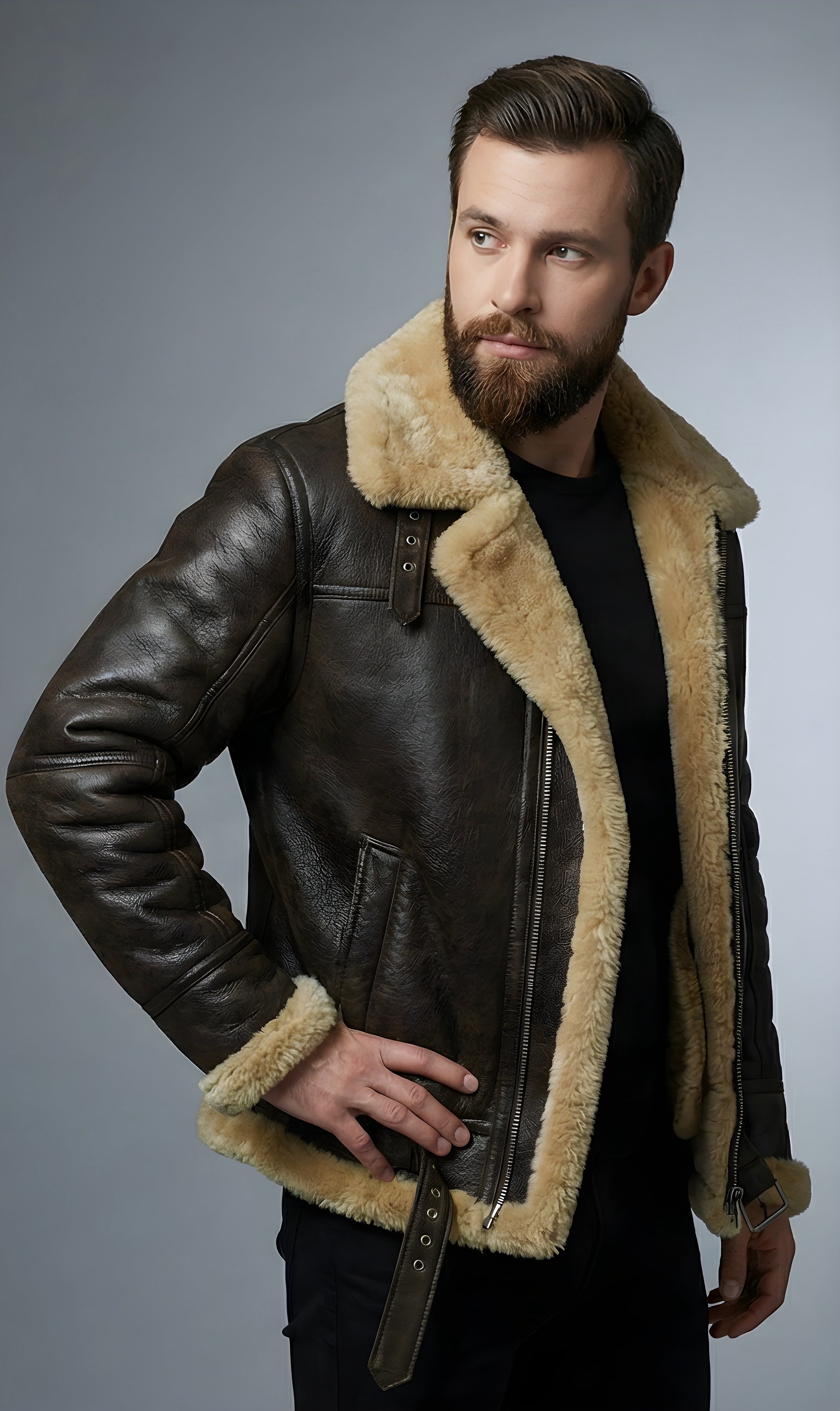 Mens Dark Brown Heritage Shearling Aviator Leather Jacket
