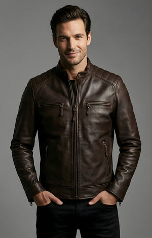 Mens Deep Brown Heritage Racer Leather Jacket