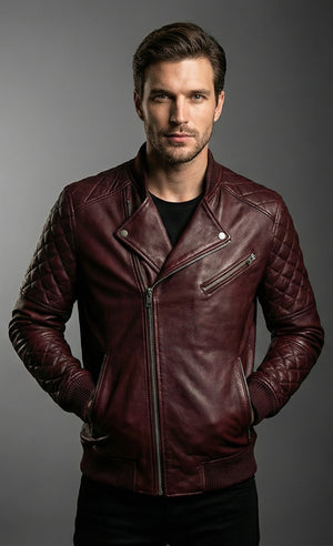 Mens Deep Wine Quilted Moto Leather Jacket