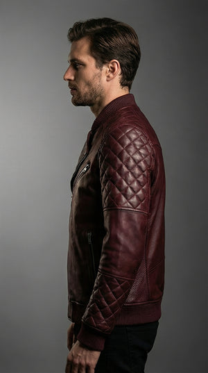 Mens Deep Wine Quilted Moto Leather Jacket