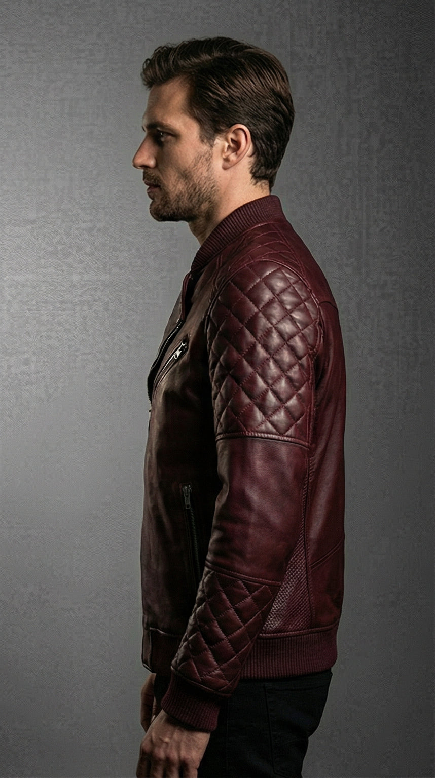 Mens Deep Wine Quilted Moto Leather Jacket