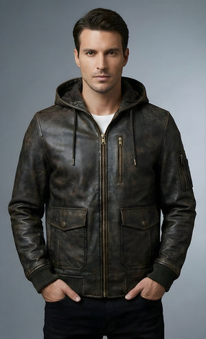 Mens Explorer Distressed Hooded Leather Jacket