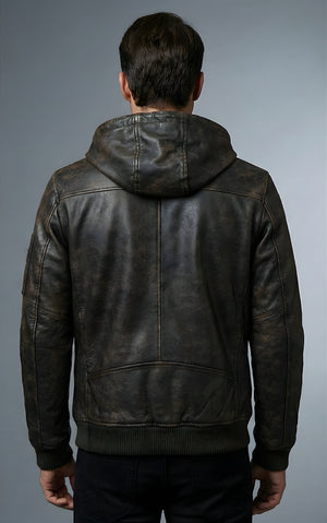 Mens Explorer Distressed Hooded Leather Jacket