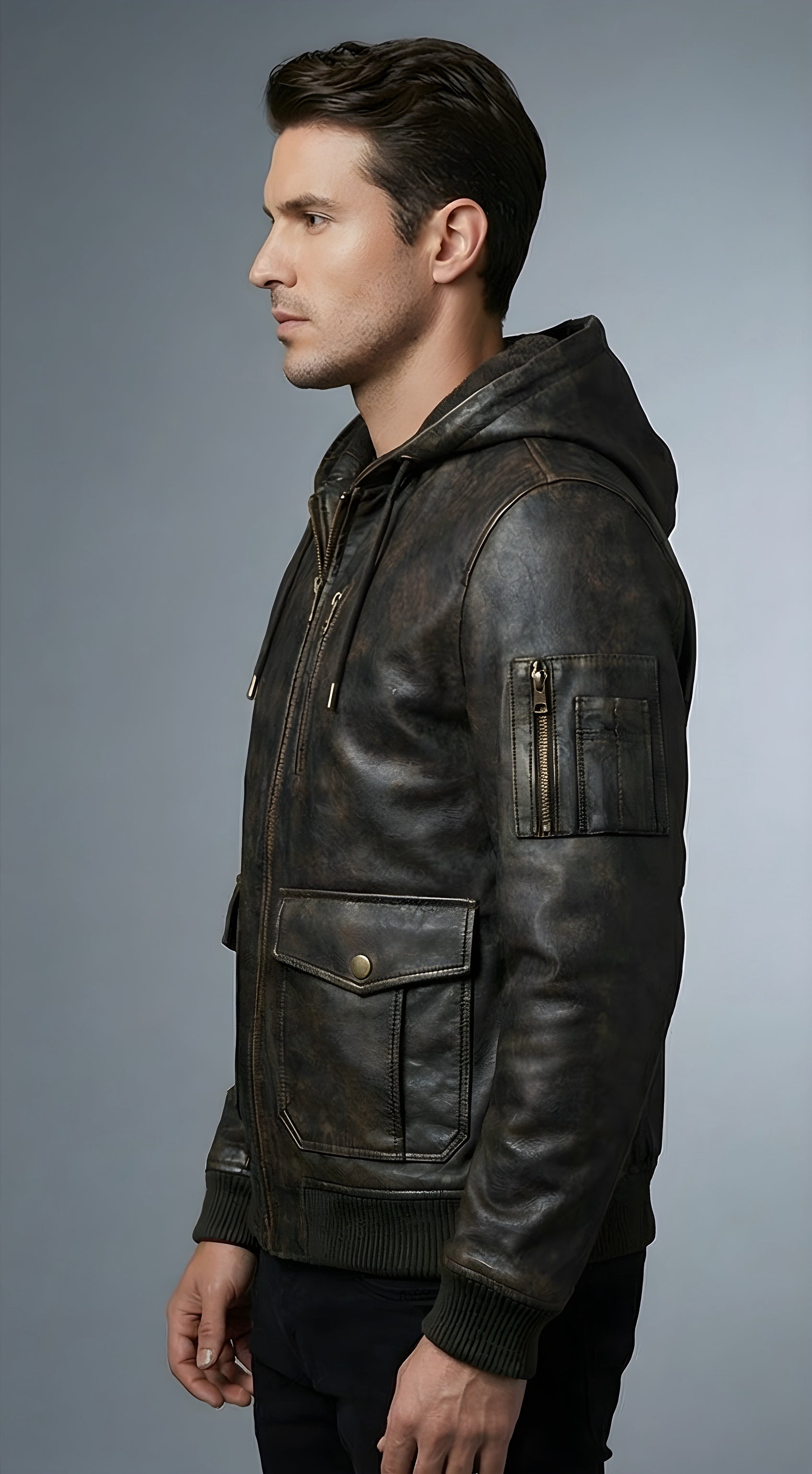 Mens Explorer Distressed Hooded Leather Jacket