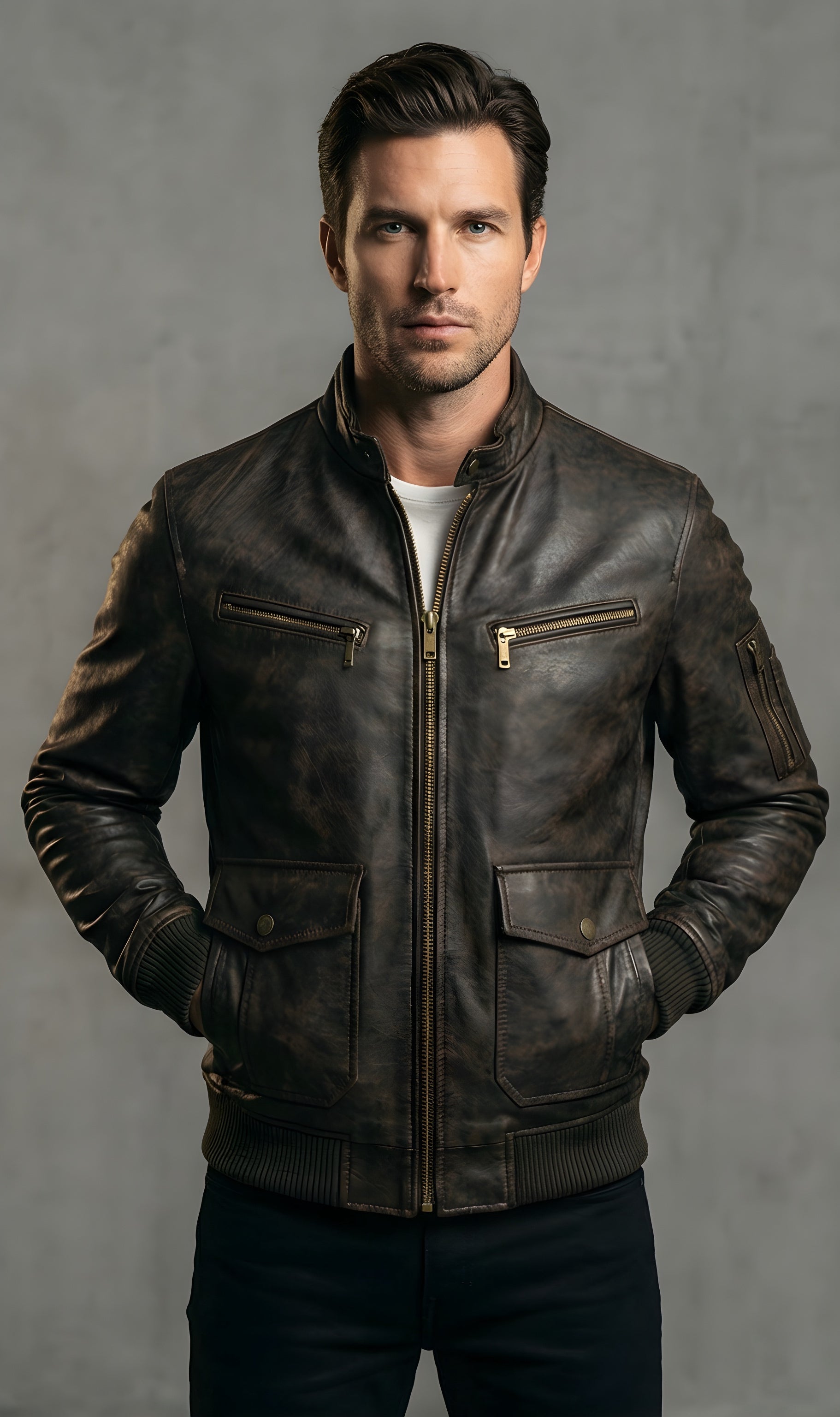 Mens Heritage Brown Distressed Leather Bomber Jacket