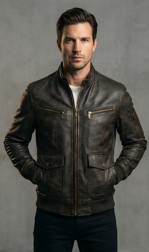 Mens Heritage Brown Distressed Leather Bomber Jacket