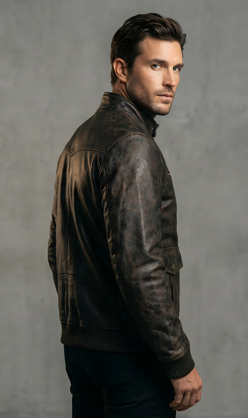 Mens Heritage Brown Distressed Leather Bomber Jacket