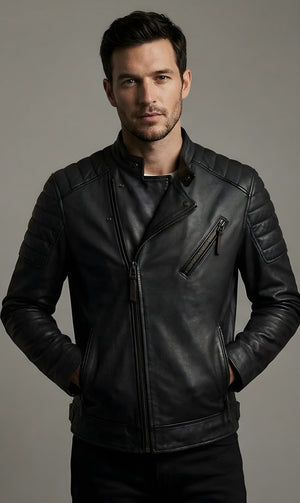 Mens Midnight Black Quilted Moto Leather Jacket