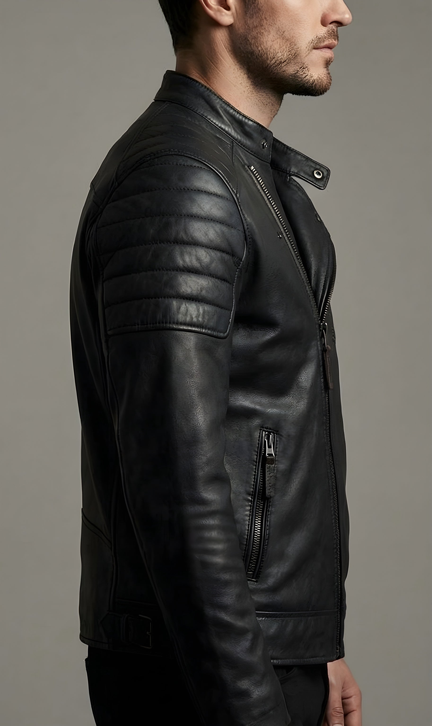 Mens Midnight Black Quilted Moto Leather Jacket