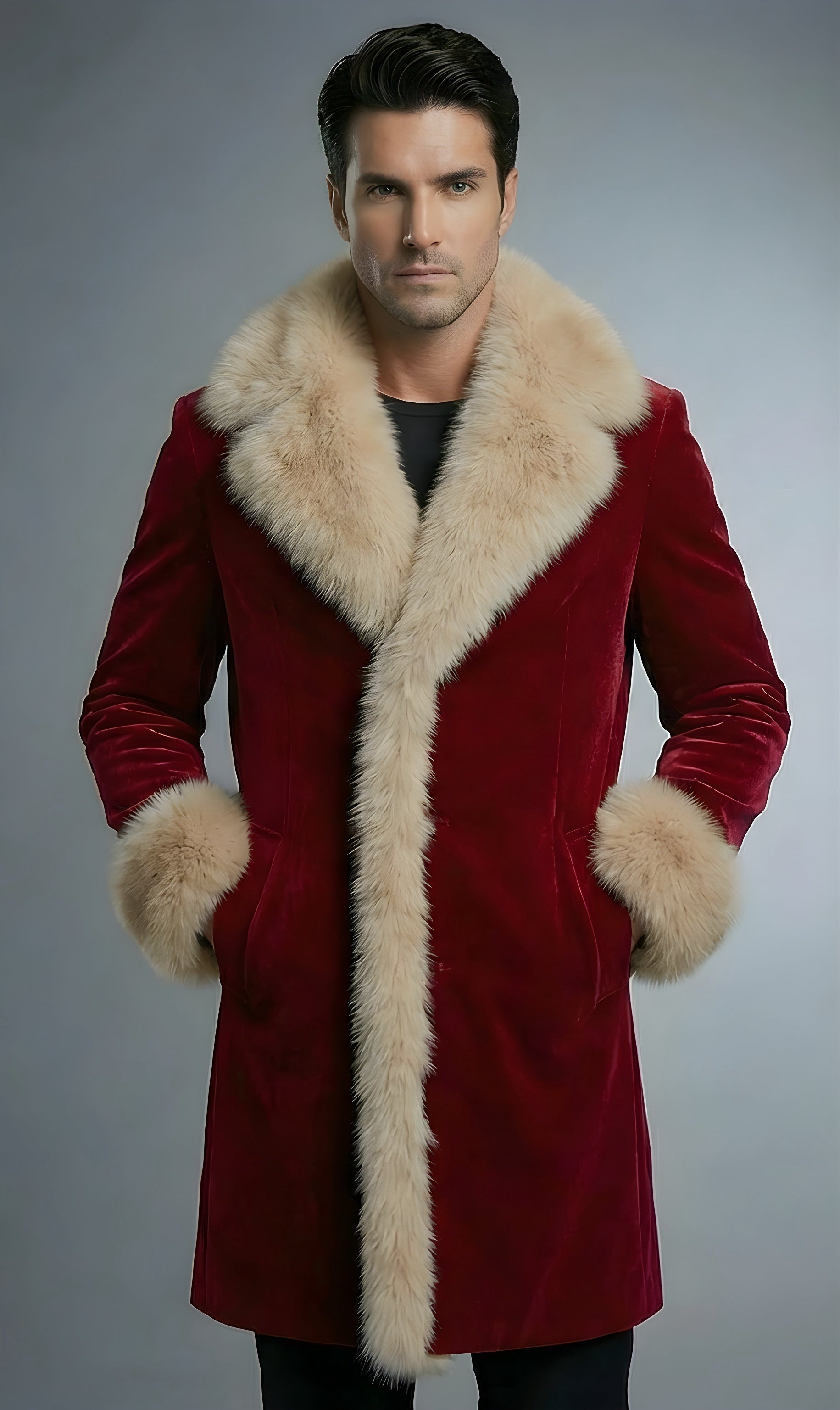 Mens Red Velvet Santa Coat With Beige Faux Fur Shawl Collar