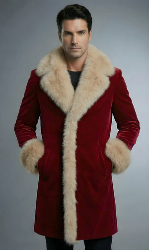 Mens Red Velvet Santa Coat With Beige Faux Fur Shawl Collar