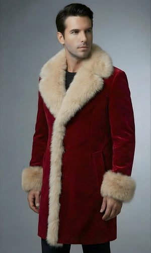 Mens Red Velvet Santa Coat With Beige Faux Fur Shawl Collar