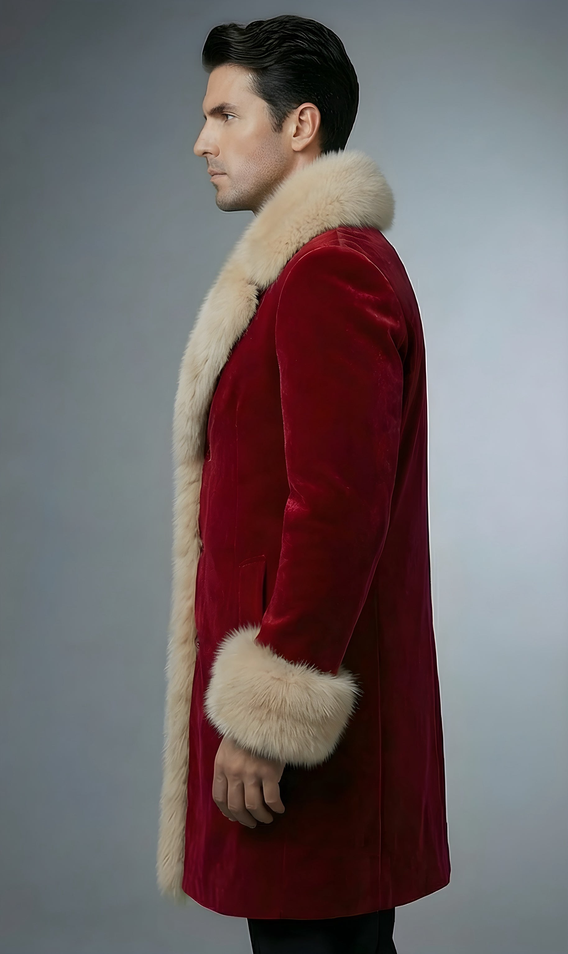 Mens Red Velvet Santa Coat With Beige Faux Fur Shawl Collar