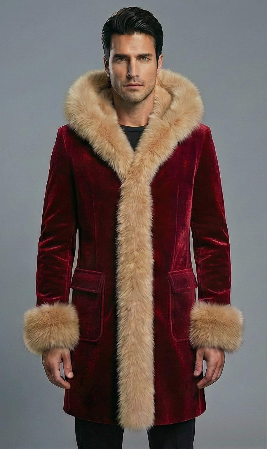 Mens Red Velvet Santa Coat With Beige Faux Fur Trim