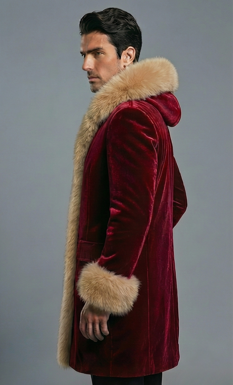 Mens Red Velvet Santa Coat With Beige Faux Fur Trim