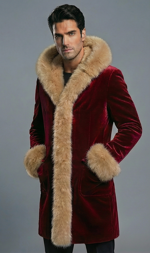 Mens Red Velvet Santa Coat With Beige Faux Fur Trim
