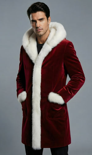 Mens Red Velvet Santa Coat With Faux Fur Hood and Pocket Trim