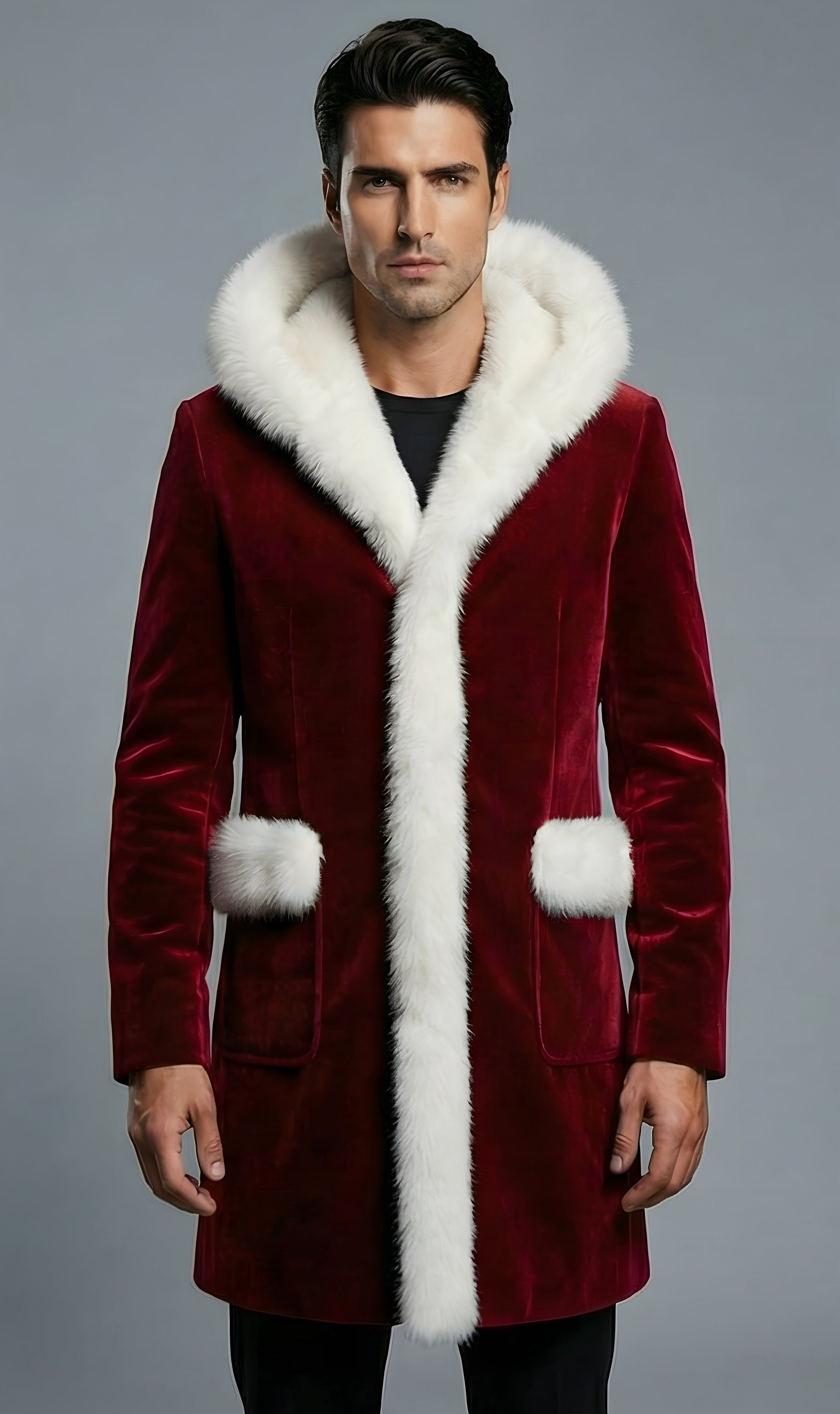 Mens Red Velvet Santa Coat With Faux Fur Hood and Pocket Trim