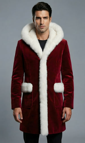 Mens Red Velvet Santa Coat With Faux Fur Hood and Pocket Trim