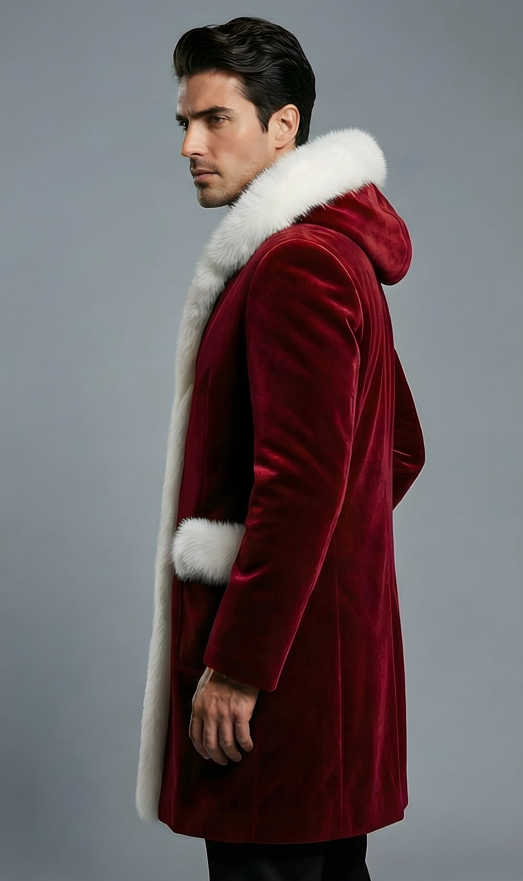 Mens Red Velvet Santa Coat With Faux Fur Hood and Pocket Trim