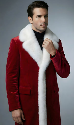 Mens Red Velvet Santa Coat With Faux Fur Shawl Collar
