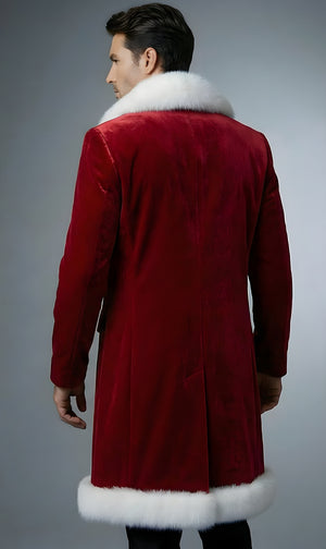 Mens Red Velvet Santa Coat With Faux Fur Shawl Collar