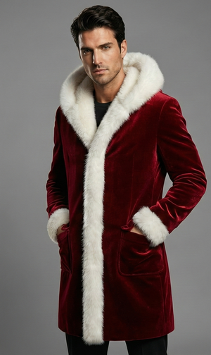 Mens Red Velvet Santa Coat With Faux Fur Trim