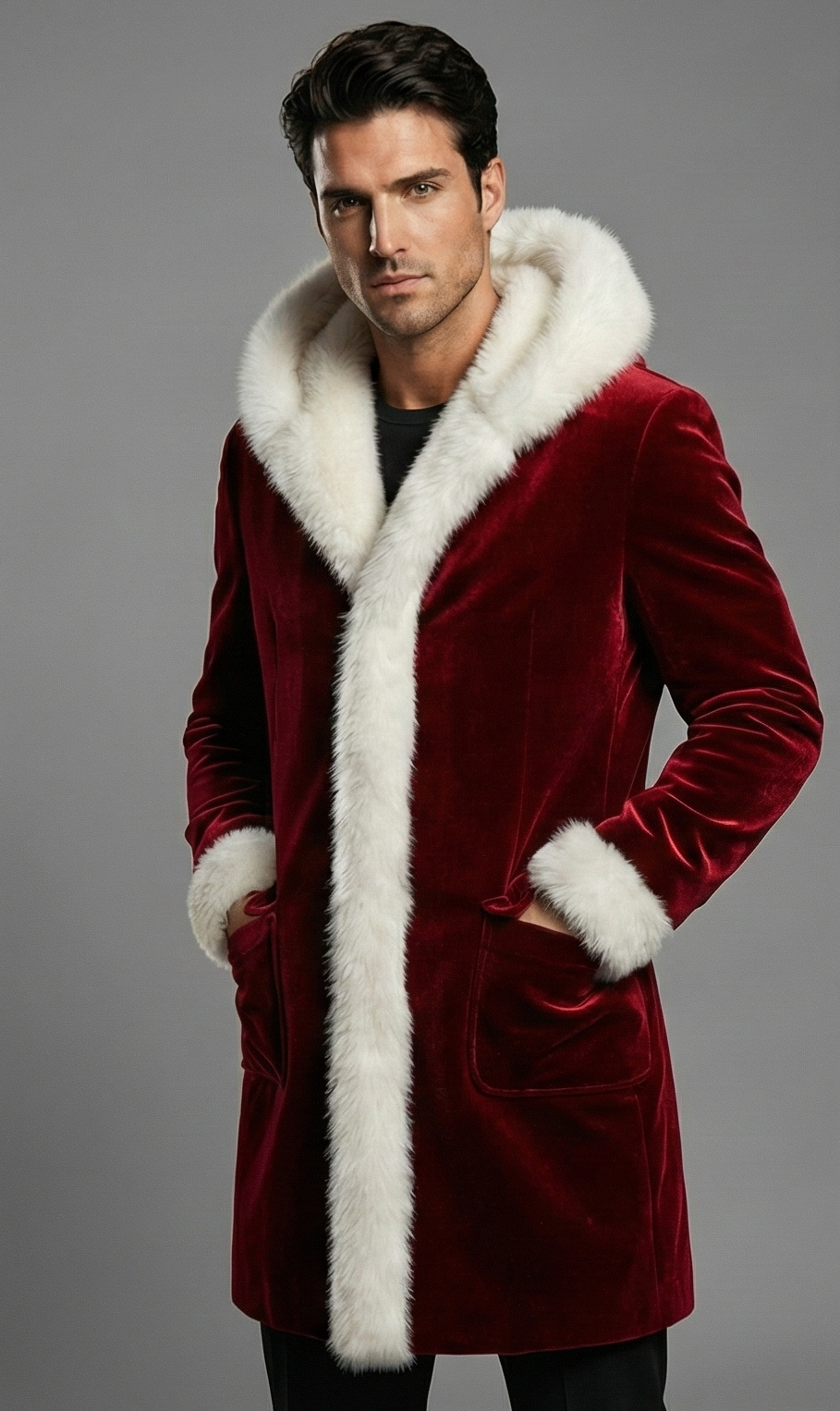 Mens Red Velvet Santa Coat With Faux Fur Trim