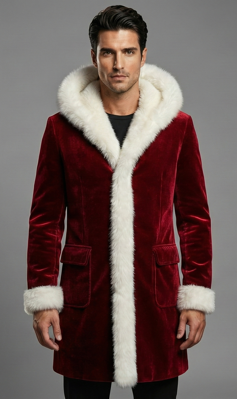 Mens Red Velvet Santa Coat With Faux Fur Trim