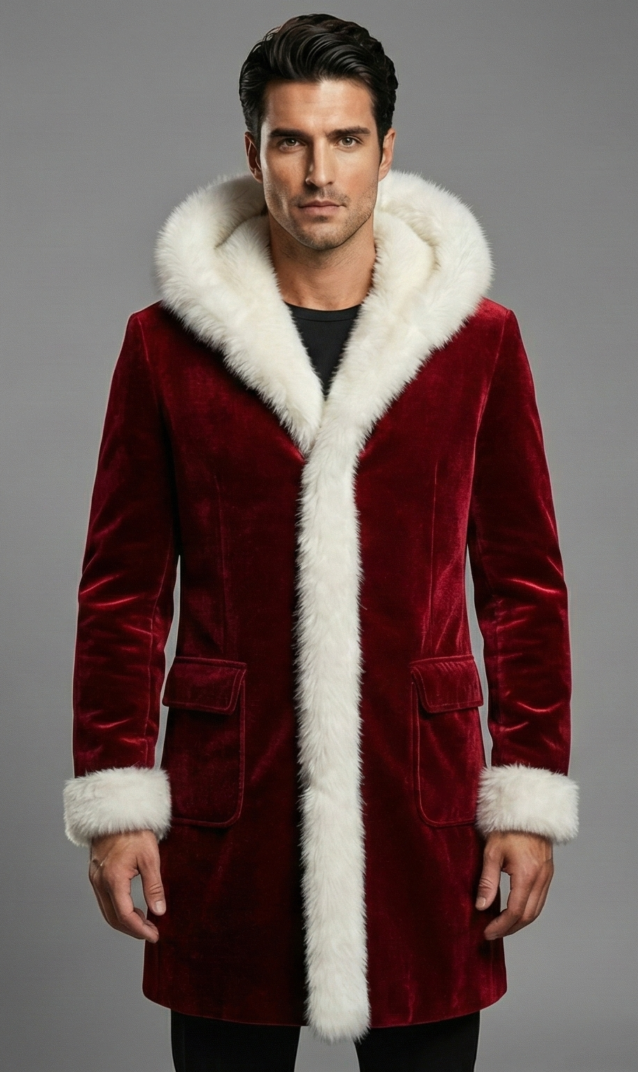 Mens Red Velvet Santa Coat With Faux Fur Trim