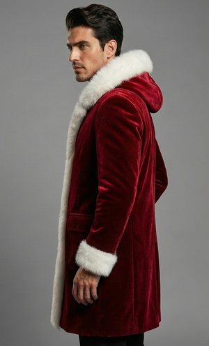 Mens Red Velvet Santa Coat With Faux Fur Trim
