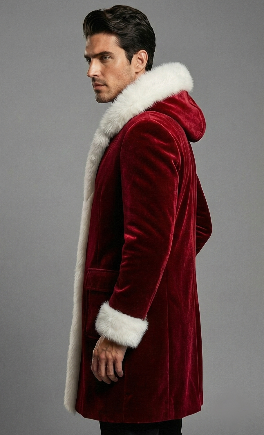 Mens Red Velvet Santa Coat With Faux Fur Trim