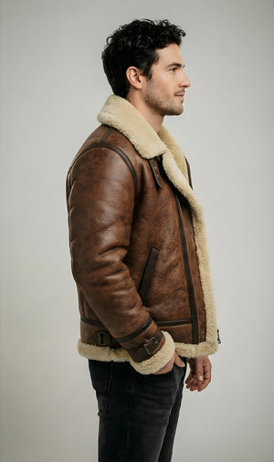 Mens Sheepskin Elite Shearling Brown Leather Aviator Bomber Jacket