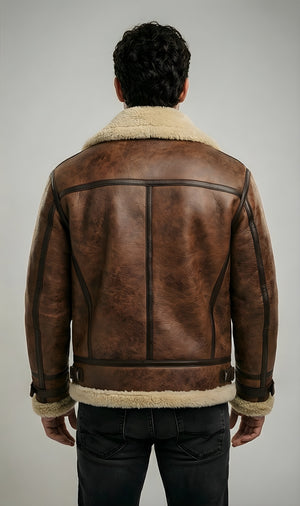 Mens Sheepskin Elite Shearling Brown Leather Aviator Bomber Jacket