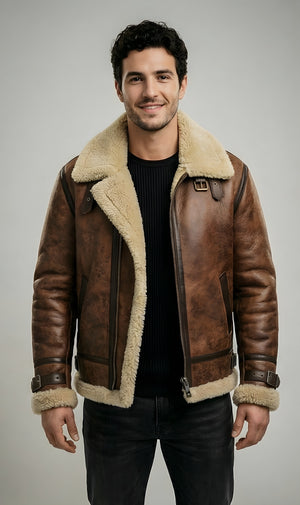 Mens Sheepskin Elite Shearling Brown Leather Aviator Bomber Jacket