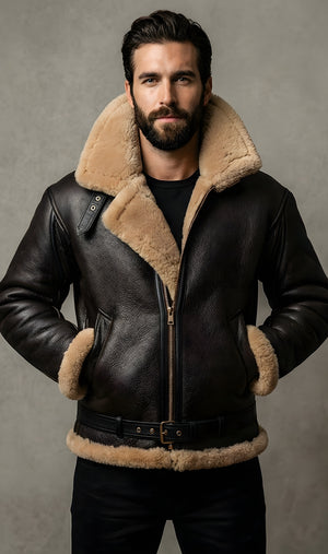 Mens Sheepskin Luxury Shearling Black Leather Aviator Bomber Jacket