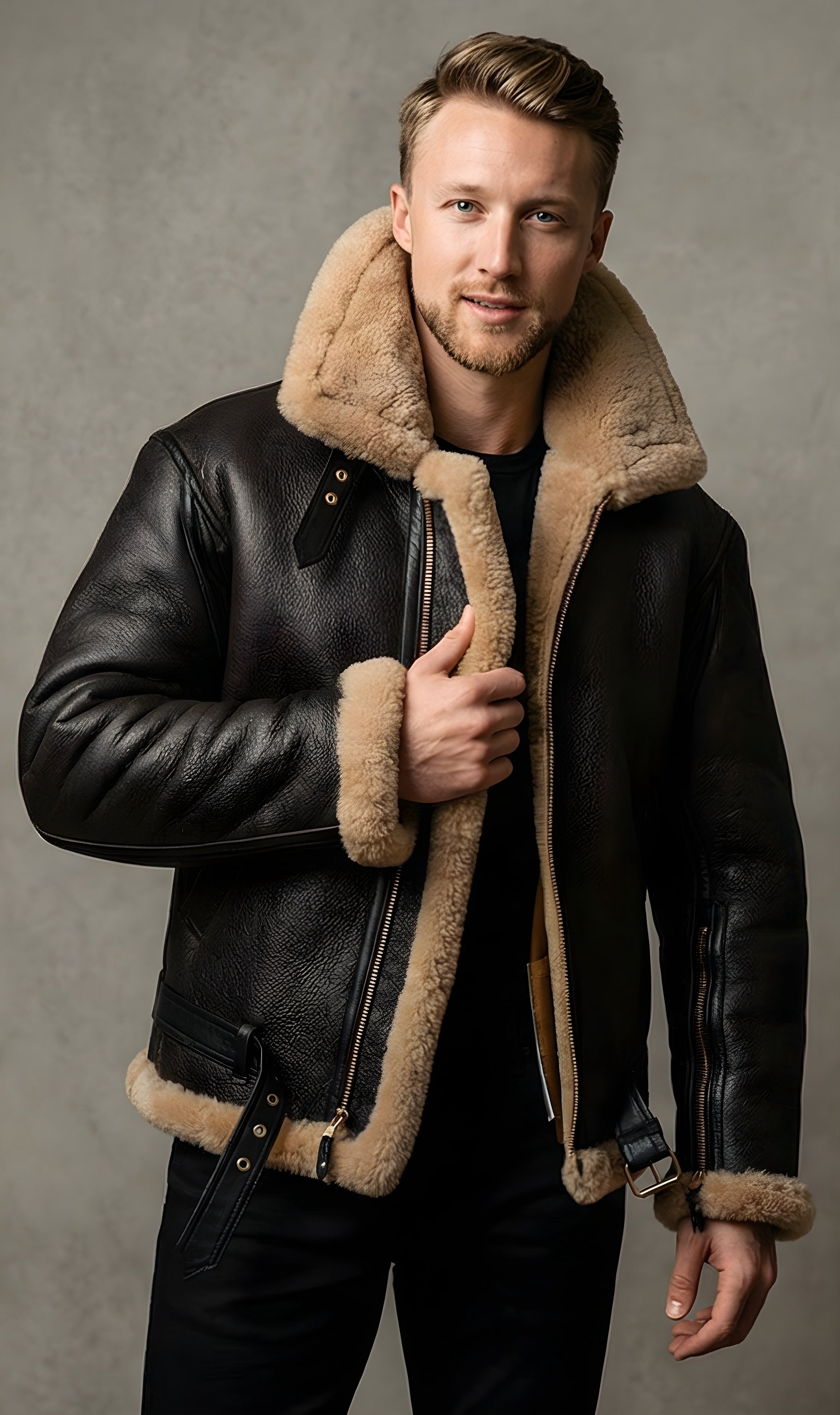 Mens Sheepskin Luxury Shearling Black Leather Aviator Bomber Jacket