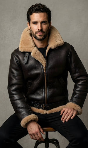 Mens Sheepskin Luxury Shearling Black Leather Aviator Bomber Jacket